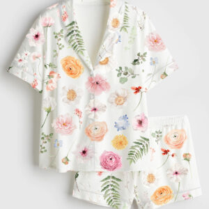 Women's Romance Floral Watercolor Flower Wedding Flower Watercolor Bouquet Spring Flower Print Short Sleeve Satin Pajama Set
