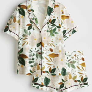 Women's Romantic Magnolia Floral Short Sleeve Satin Pajama Set