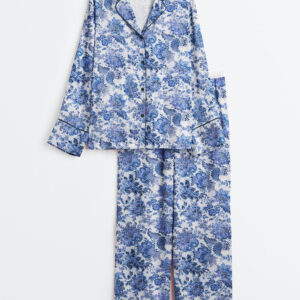 Women's Rose To Fame Blue & White Floral Long Sleeve Satin Pajamas Set