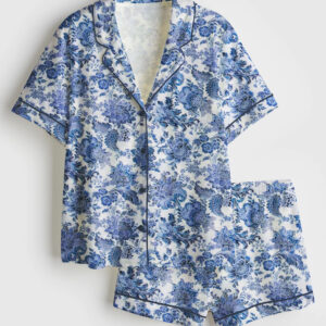 Women's Rose To Fame Blue & White Floral Short Sleeve Satin Pajama Set