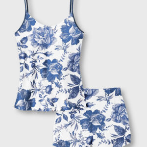 Women's Rose To Fame Blue & White Rose Floral Camisole Satin Pajama Set