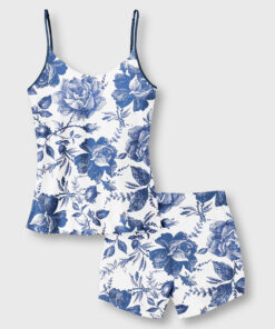 Women's Rose To Fame Blue & White Rose Floral Camisole Satin Pajama Set
