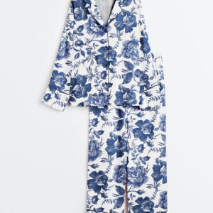 Women's Rose To Fame Blue & White Rose Floral Long Sleeve Satin Pajamas Set