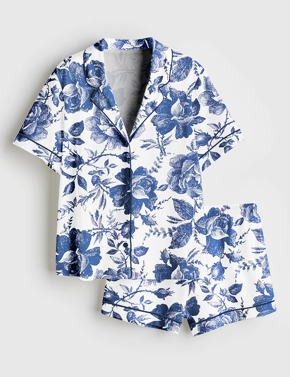 Women's Rose To Fame Blue & White Rose Floral Short Sleeve Satin Pajama Set