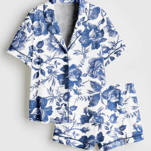 Women's Rose To Fame Blue & White Rose Floral Short Sleeve Satin Pajama Set
