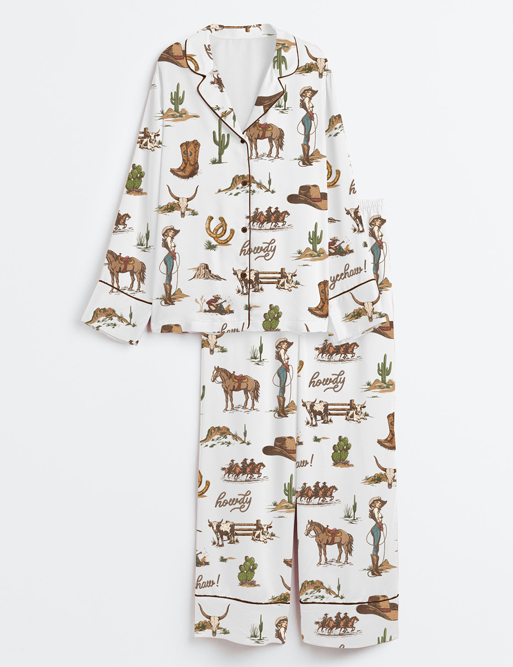 Womenâ€™s Rustic Americana Western Vintage Cowboy Long Sleeve Satin Pajama Set