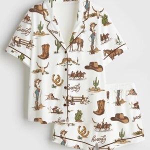 Womenâ€™s Rustic Americana Western Vintage Cowboy Short Sleeve Satin Pajama Set