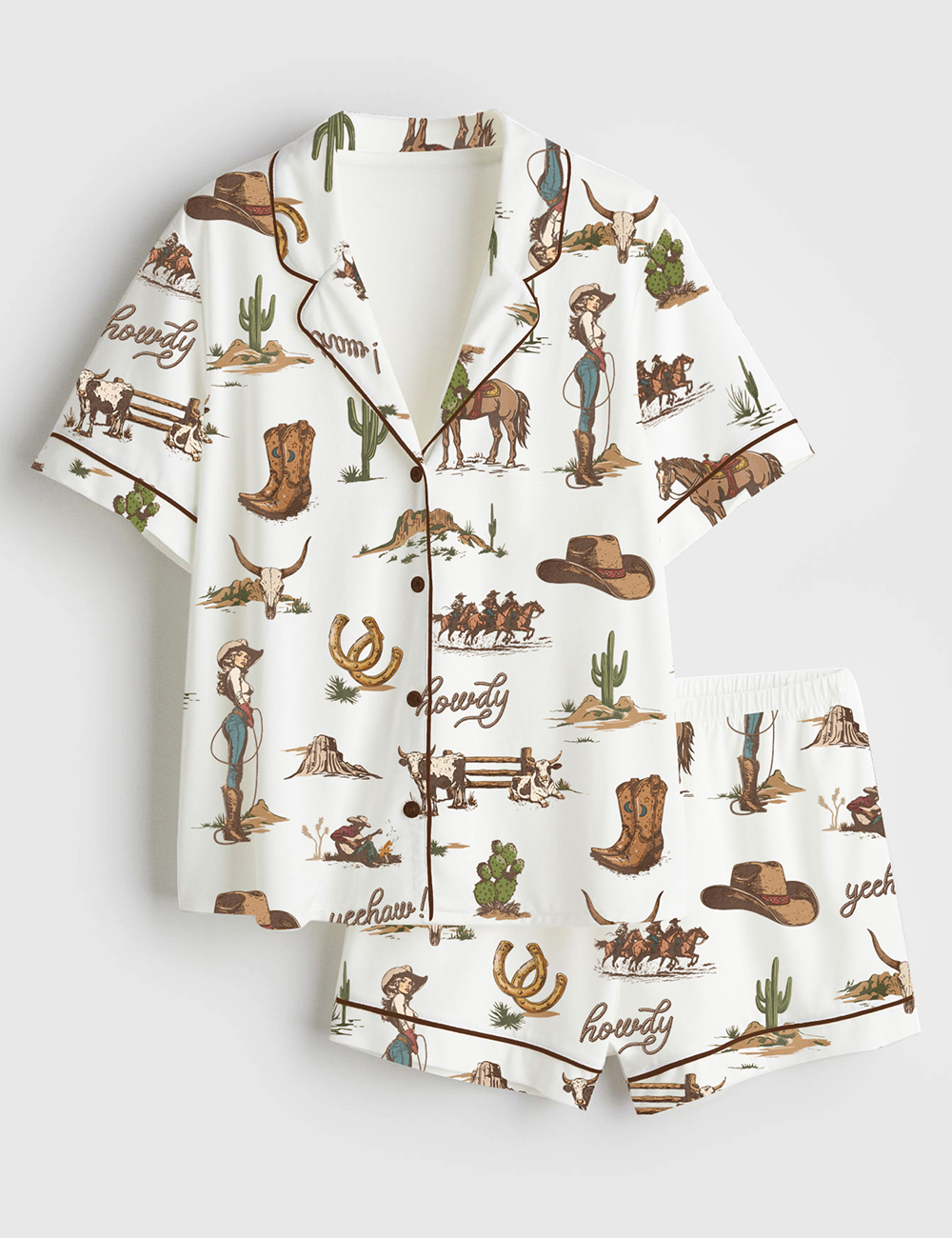 Womenâ€™s Rustic Americana Western Vintage Cowboy Short Sleeve Satin Pajama Set