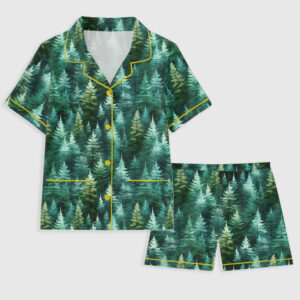 Women's Rustic Pine Trees Forest In Woodland Christmas Short Sleeve Pocket Cotton Pajama Set
