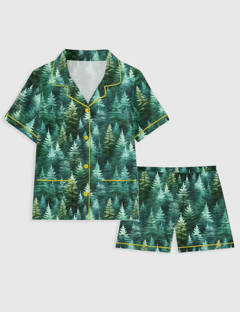 Women's Rustic Pine Trees Forest In Woodland Christmas Short Sleeve Pocket Cotton Pajama Set