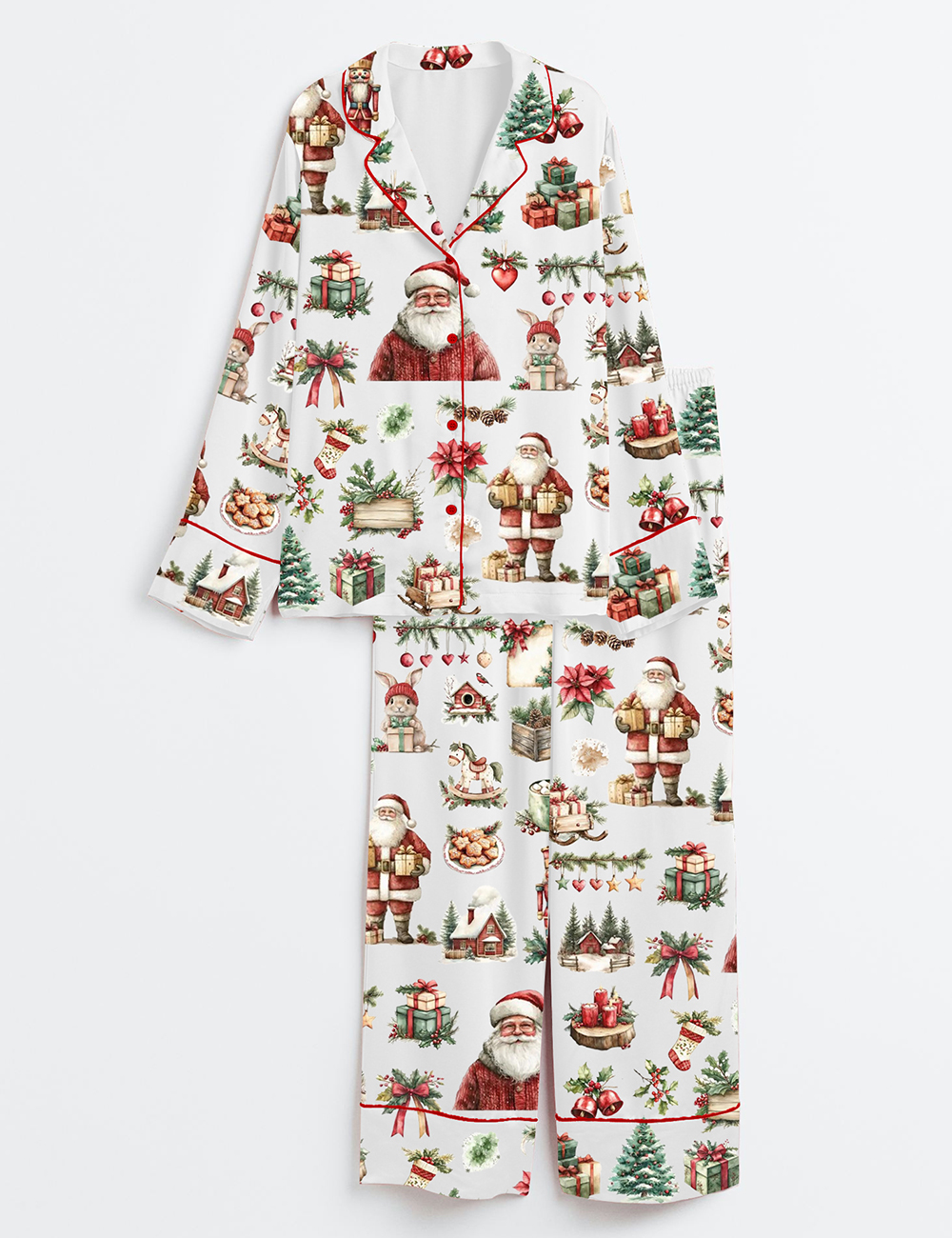 Women's Rustic Red Green Christmas Winter Long Sleeve Satin Pajamas Set