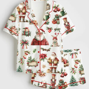Women's Rustic Red Green Christmas Winter Short Sleeve Satin Pajama Set
