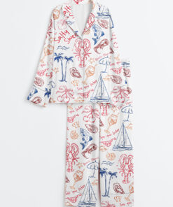 Women's Salty But Sweet Retro Summer Coastal Beach Aesthetic Summer Cocktail Sea Food Lobster Print Long Sleeve Satin Pajama Set