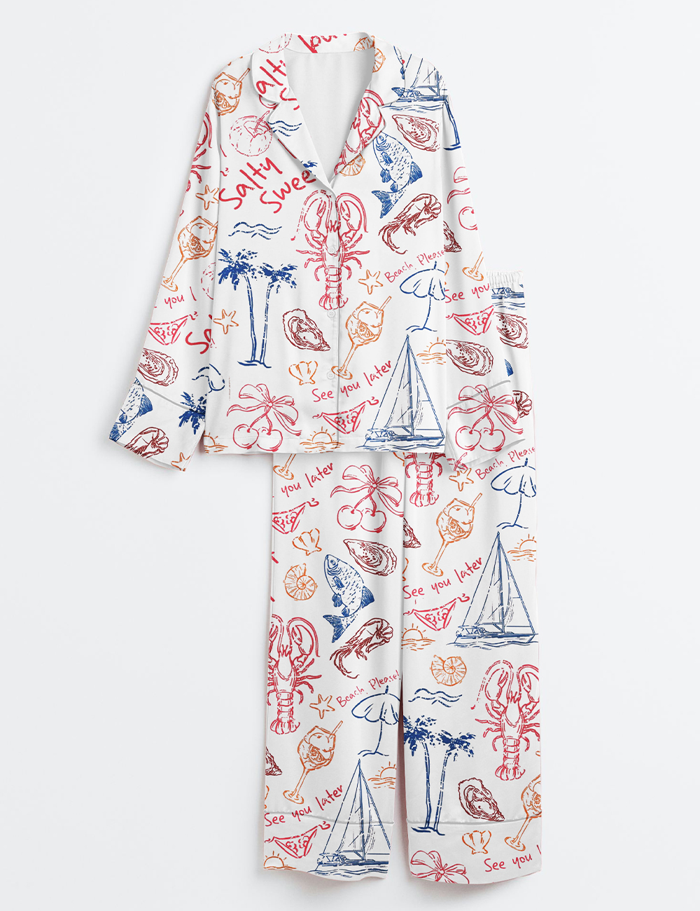 Womenâ€™s Salty But Sweet Retro Summer Coastal Beach Aesthetic Summer Cocktail Sea Food Lobster Print Long Sleeve Satin Pajama Set