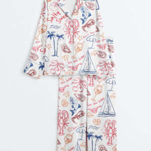 Women's Salty But Sweet Retro Summer Coastal Beach Aesthetic Summer Cocktail Sea Food Lobster Print Long Sleeve Satin Pajama Set