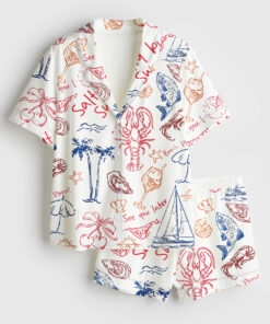 Women's Salty But Sweet Retro Summer Coastal Beach Aesthetic Summer Cocktail Sea Food Lobster Print Short Sleeve Satin Pajama Set