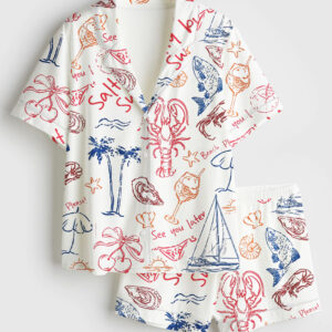 Women's Salty But Sweet Retro Summer Coastal Beach Aesthetic Summer Cocktail Sea Food Lobster Print Short Sleeve Satin Pajama Set