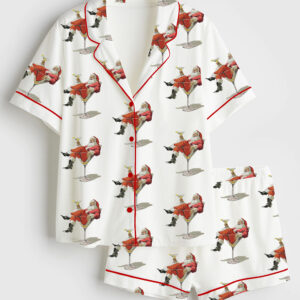 Women's Santa Cheers Vintage Christmas Holiday Bar Cheers Short Sleeve Satin Pajama Set