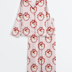 Women's Santa Christmas Coquette Bows Pinstripes Pink Girly Santa Claus Long Sleeve Satin Pajamas Set