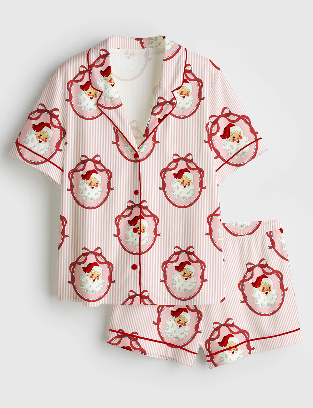 Womenâ€™s Santa Christmas Coquette Bows Pinstripes Pink Girly Santa Claus Short Sleeve Satin Pajama Set