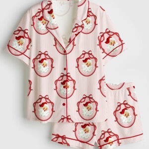 Women's Santa Christmas Coquette Bows Pinstripes Pink Girly Santa Claus Short Sleeve Satin Pajama Set