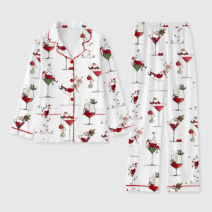 Women's Santa Claus Christmas Cocktail Holiday Long Sleeve Pocket Cotton Pajamas Set