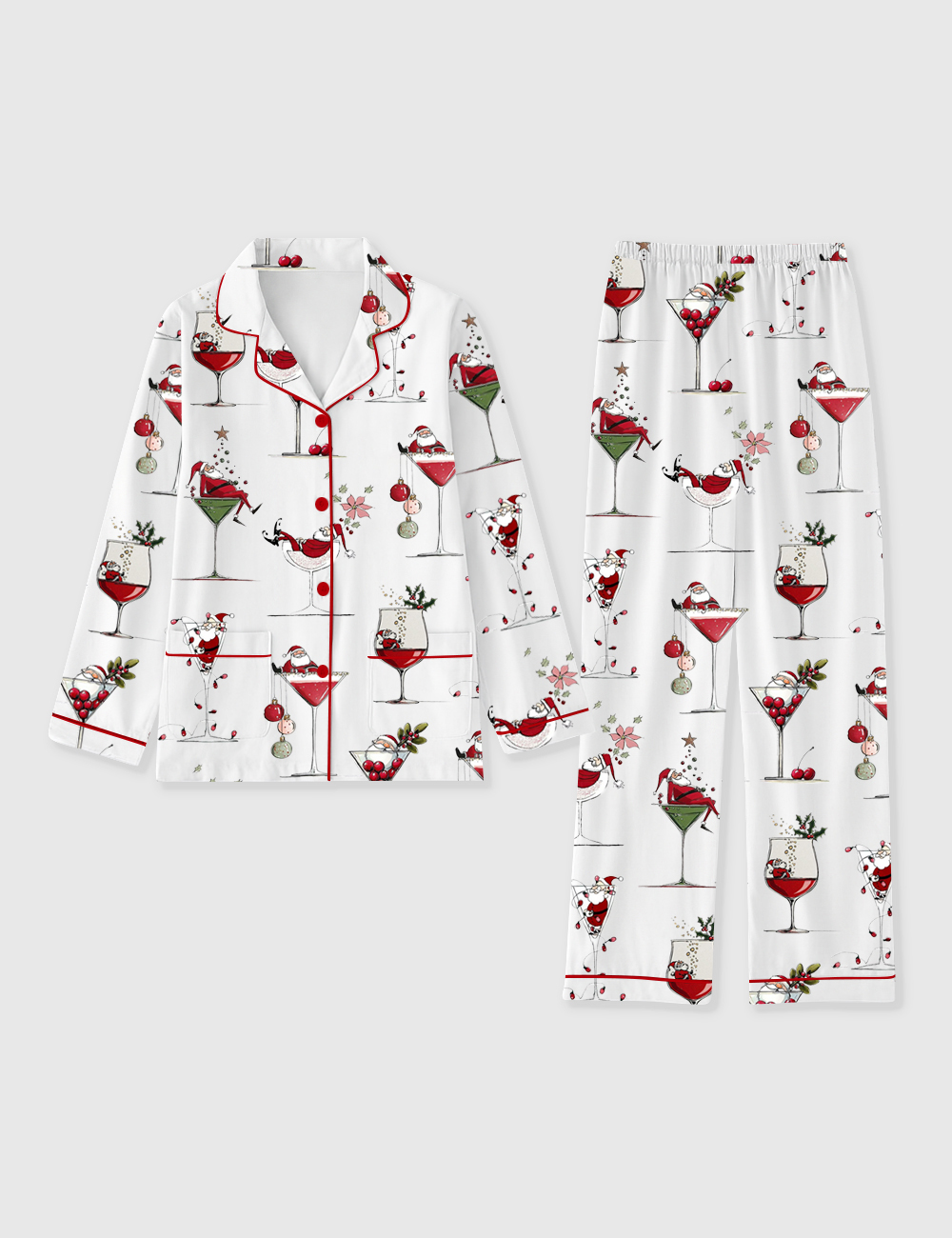 Women's Santa Claus Christmas Cocktail Holiday Long Sleeve Pocket Cotton Pajamas Set