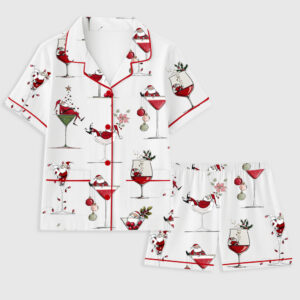 Women's Santa Claus Christmas Cocktail Holiday Short Sleeve Pocket Cotton Pajama Set