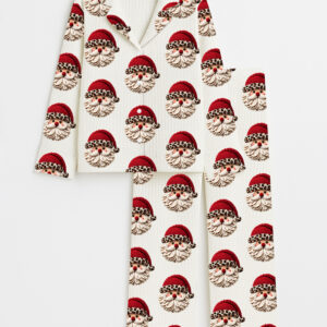 Women's Santa Claus Head In Leopard Christmas Holiday Long Sleeve Cotton Waffle Pajama Set
