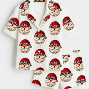 Womenâ€™s Santa Claus Head In Leopard Christmas Holiday Short Sleeve Cotton Waffle Pajama Set