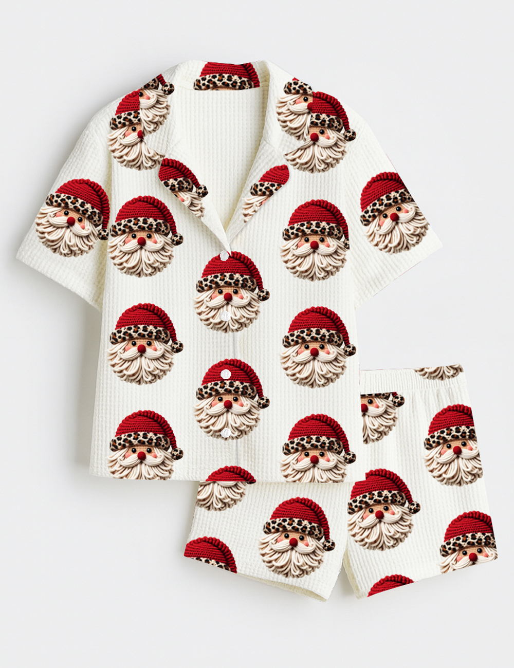 Women’s Santa Claus Head In Leopard Christmas Holiday Short Sleeve Cotton Waffle Pajama Set