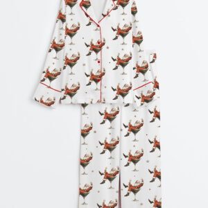 Women's Santa Martini Party Christmas Cocktail Long Sleeve Satin Pajama Set