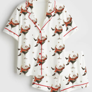 Womenâ€™s Santa Martini Party Christmas Cocktail Short Sleeve Satin Pajama Set