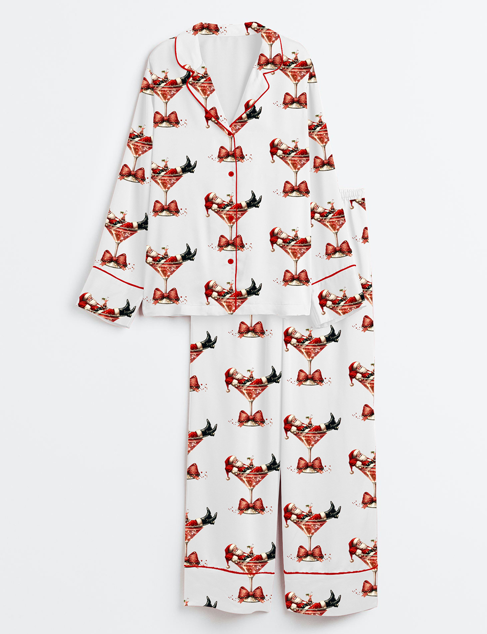Womenâ€™s Santa's Hot Mess Christmas Martini Santa Claus Holiday Party Long Sleeve Satin Pajama Set