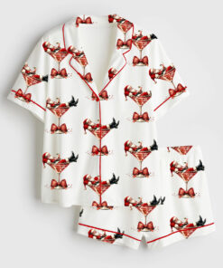Women's Santa's Hot Mess Christmas Martini Santa Claus Holiday Party Short Sleeve Satin Pajama Set