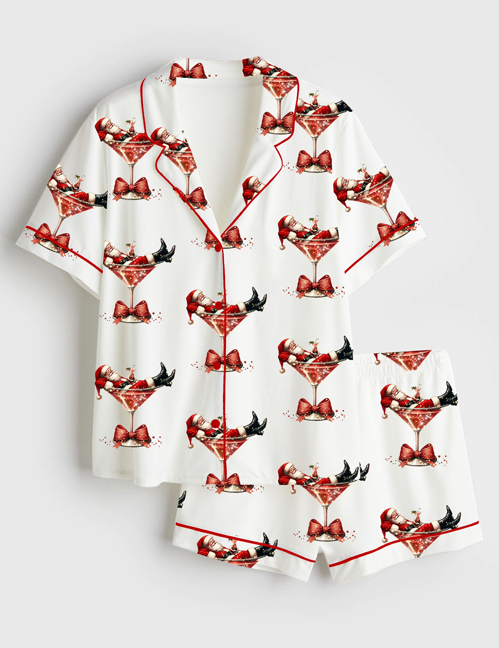 Womenâ€™s Santa's Hot Mess Christmas Martini Santa Claus Holiday Party Short Sleeve Satin Pajama Set
