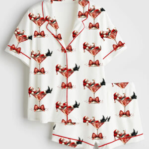 Women's Santa's Hot Mess Christmas Martini Santa Claus Holiday Party Short Sleeve Satin Pajama Set