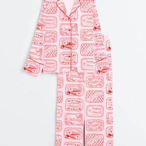 Women's Sardine Art Print Long Sleeve Satin Pajama Set