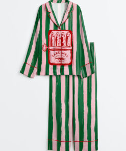 Women's Sardines Summer Beach Aesthetic Sardines Girly Summer Ocean Beach Art Print Long Sleeve Satin Pajama Set