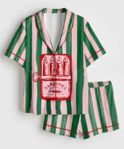 Women's Sardines Summer Beach Aesthetic Sardines Girly Summer Ocean Beach Art Print Short Sleeve Satin Pajama Set