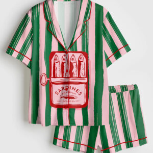 Womenâ€™s Sardines Summer Beach Aesthetic Sardines Girly Summer Ocean Beach Art Print Short Sleeve Satin Pajama Set