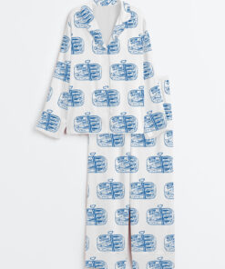 Women's Sardines Tinned Fish Portugal Vintage Sardine Coastal Aesthetic Europe Travel Print Long Sleeve Satin Pajama Set