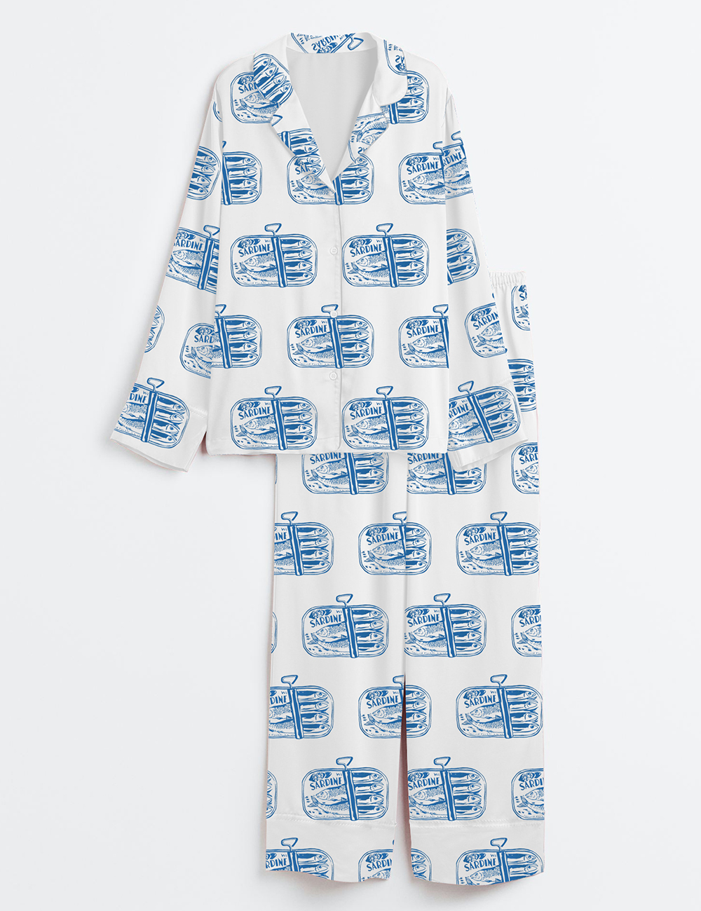 Women's Sardines Tinned Fish Portugal Vintage Sardine Coastal Aesthetic Europe Travel Print Long Sleeve Satin Pajamas Set