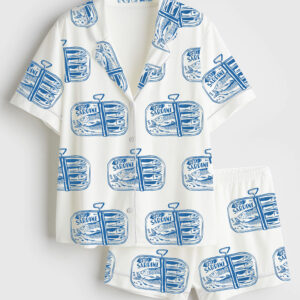 Women's Sardines Tinned Fish Portugal Vintage Sardine Coastal Aesthetic Europe Travel Print Short Sleeve Satin Pajama Set