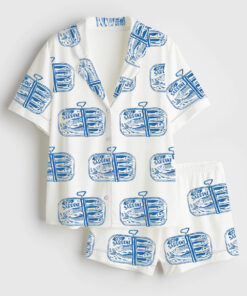 Women's Sardines Tinned Fish Portugal Vintage Sardine Coastal Aesthetic Europe Travel Print Short Sleeve Satin Pajama Set