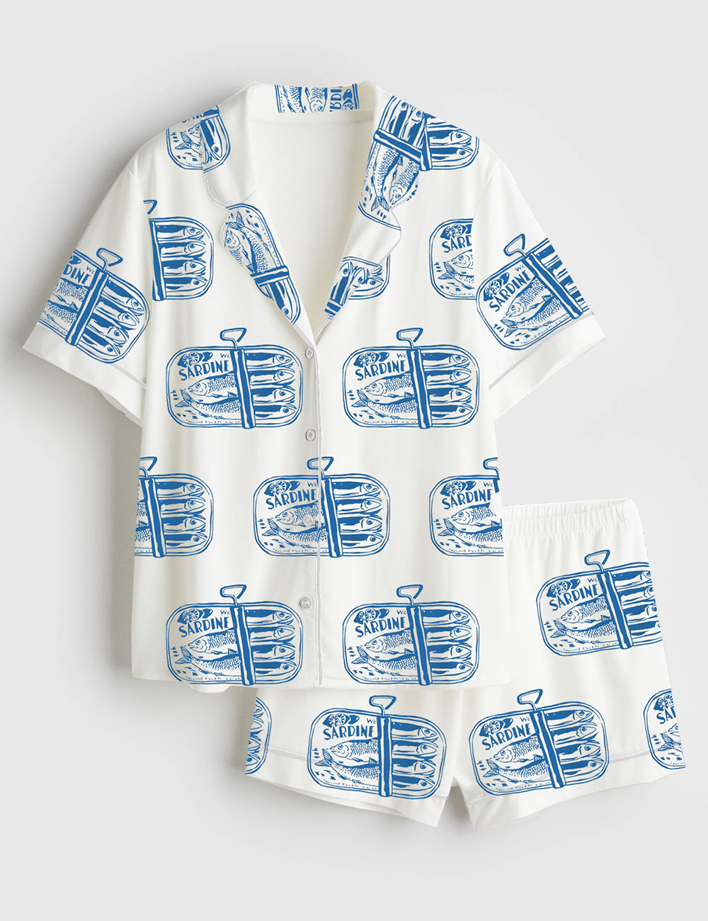 Womenâ€™s Sardines Tinned Fish Portugal Vintage Sardine Coastal Aesthetic Europe Travel Print Short Sleeve Satin Pajama Set