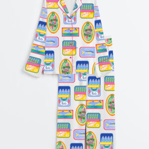 Womenâ€™s Sardinetin Sardine Art Print Long Sleeve Satin Pajama Set