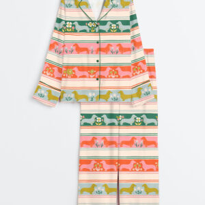 Womenâ€™s Sausage fairisle Dachshund Dog Cute Dog Pets Long Sleeve Satin Pajama Set