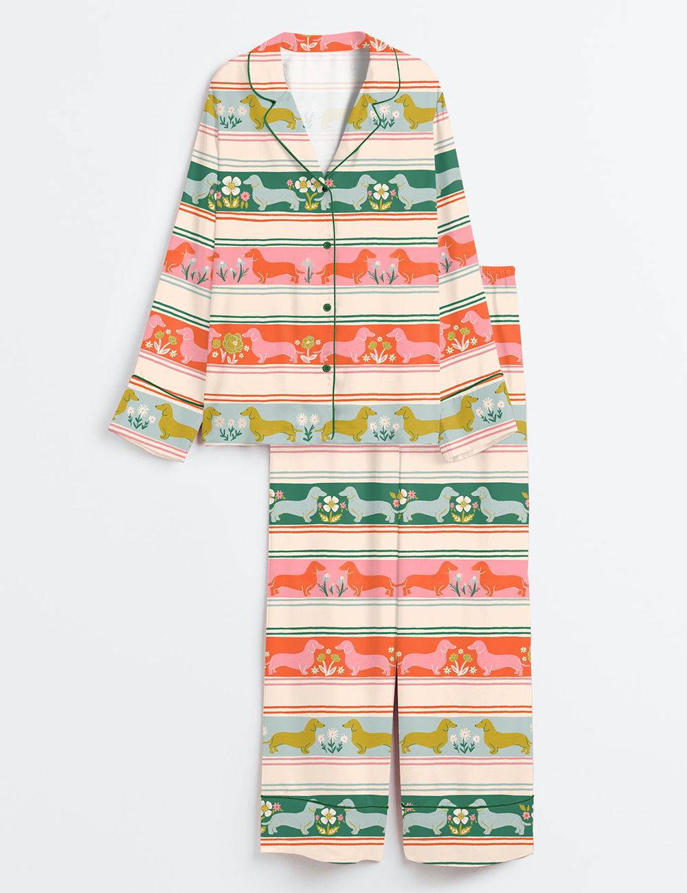 Womenâ€™s Sausage fairisle Dachshund Dog Cute Dog Pets Long Sleeve Satin Pajama Set