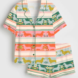 Women's Sausage fairisle Dachshund Dog Cute Dog Pets Short Sleeve Satin Pajama Set